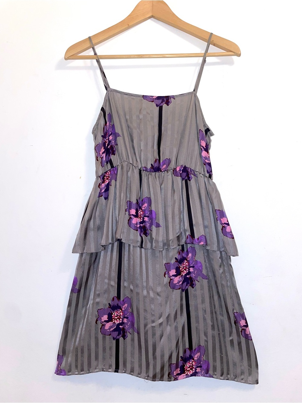 Kimchi Blue Gray Striped Dress with Purple Floral Accents